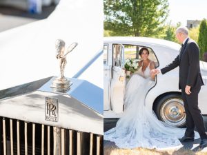 A bride getting into her white Rolls-Royce getaway car