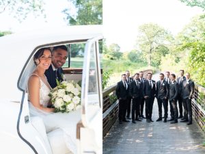 Bride and groom leaving wedding in vintage Rolls-Royce car