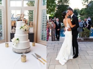 photo of a wedding cake and a bride and groom dancing at their backyard wedding