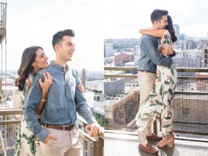 at-home engagement photos of a man and woman on their balcony at their West Loop apartment in Chicago