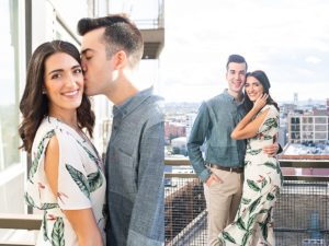 at-home engagement photos. photos of a man and woman on their balcony in Chicago with the Chicago skyline in the background