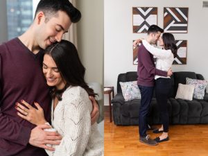photos from Denise and Leo's intimate and cozy at-home engagement photo shoot