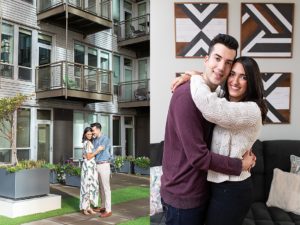 a man and woman pose for engagement photos at their apartment in Chicago