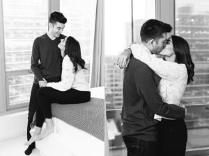 A man and woman pose and kiss during their engagement photos