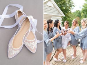Close up of wedding shoes and bridesmaids getting ready for wedding