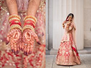 the bride posed in a red lehenga
