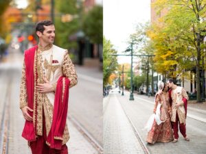 bride and groom pose for outdoor wedding photos
