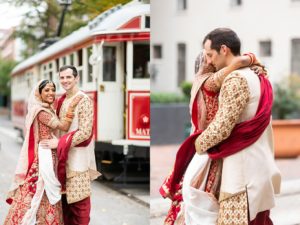 bride and groom pose in traditional Indian wedding clothes