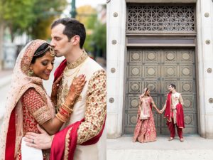 bride and groom in Indian wedding clothes pose for wedding photos